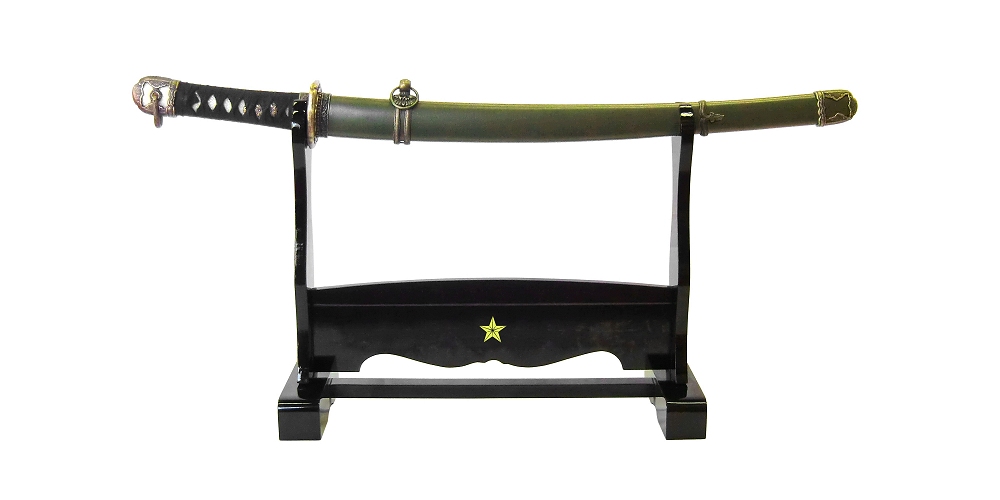 尾形刀剣 軍刀 GN-2K 陸軍搭乗員軍刀　黒柄 軍緑木鞘　陸軍記章付 横一本掛台付